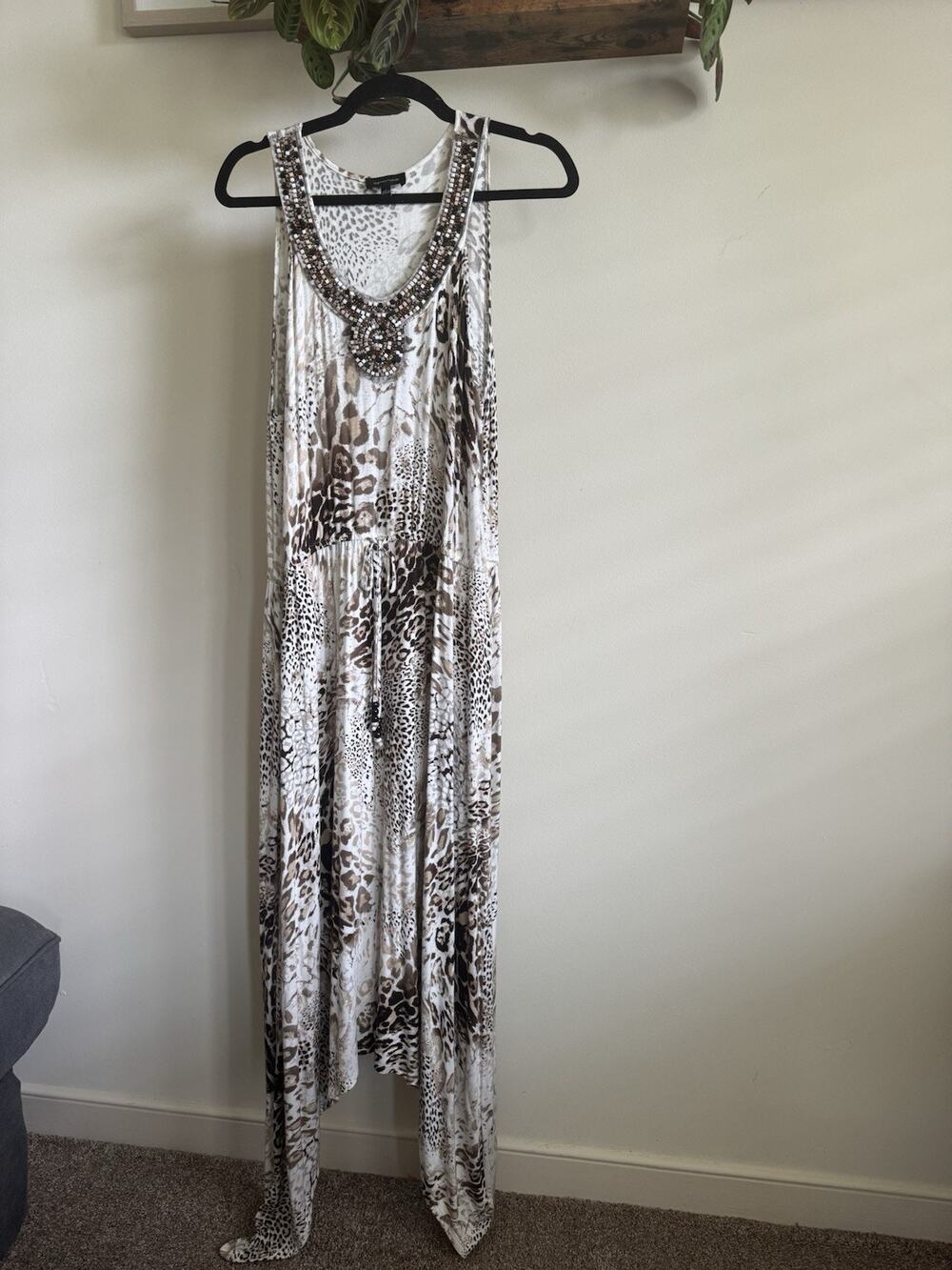 Spense Leopard Animal Print Embellished Neck Handkerchief Hem Maxi Dress Large